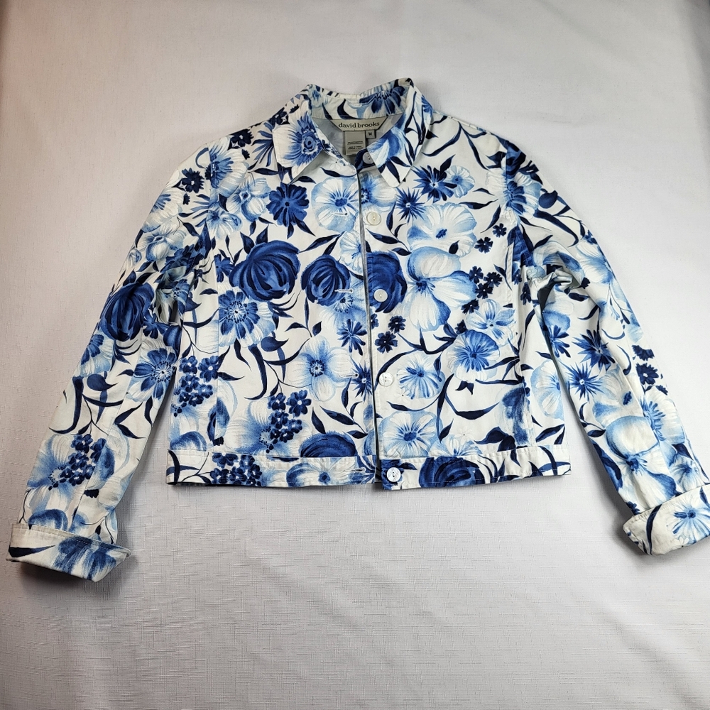 David Brooks Lightweight Floral JACKET Womens Size M Blue White Button Up Vtg - Picture 14 of 16